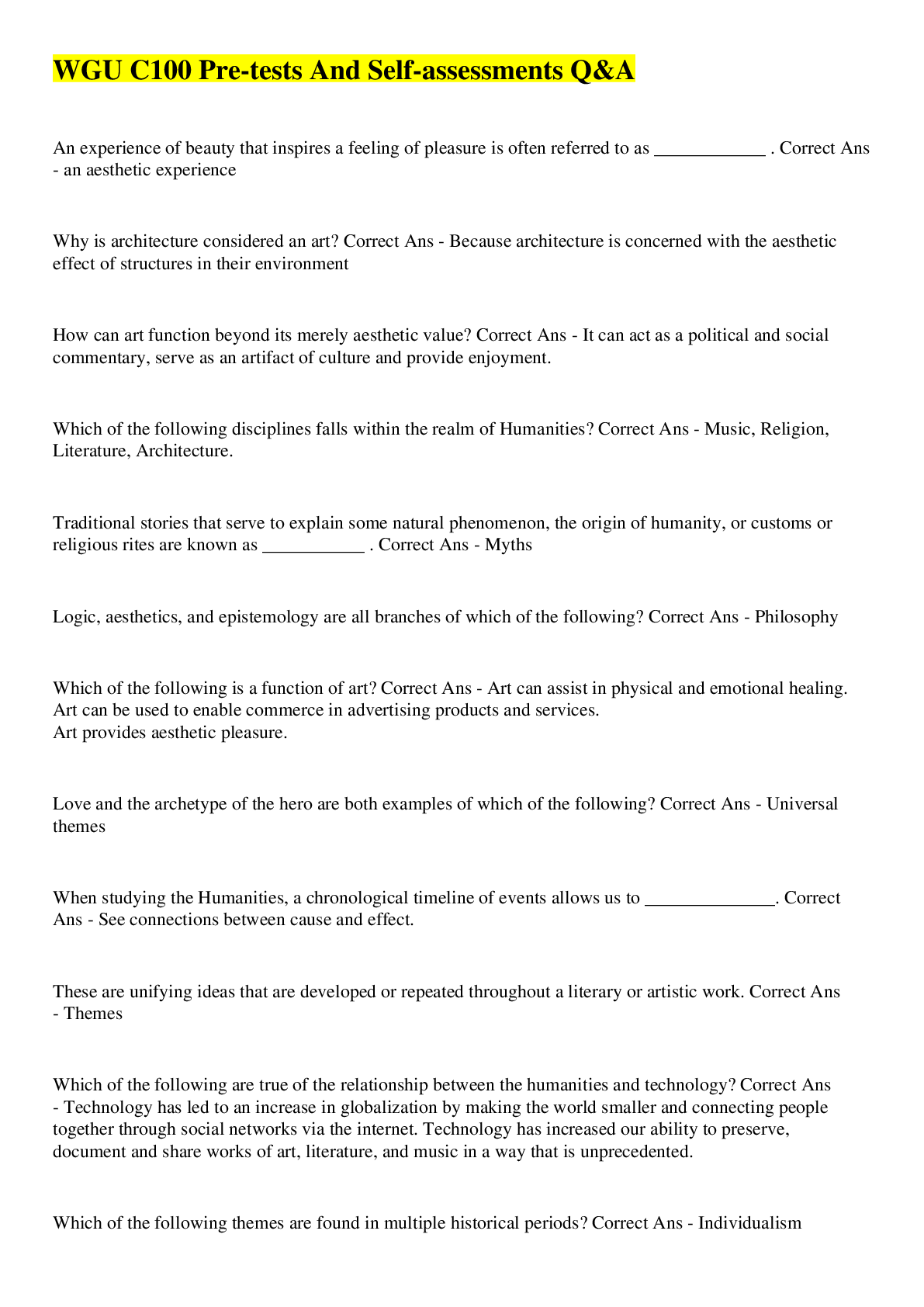 Preview image of WGU C100 Pre-tests And Self-assessments Q&A document